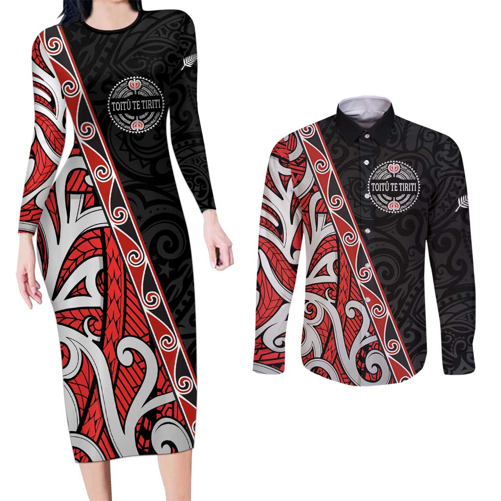 Aotearoa Toitu Te Tiriti Couples Matching Long Sleeve Bodycon Dress and Long Sleeve Button Shirt Honour The Treaty New Zealand