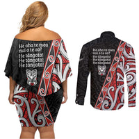 Aotearoa Toitu Te Tiriti Couples Matching Off Shoulder Short Dress and Long Sleeve Button Shirt Honour The Treaty New Zealand