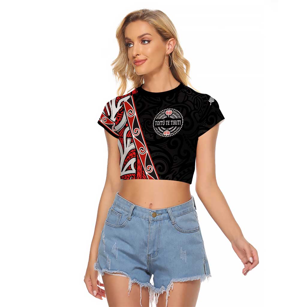 Aotearoa Toitu Te Tiriti Raglan Cropped T Shirt Honour The Treaty New Zealand LT01 Female Black - Polynesian Pride