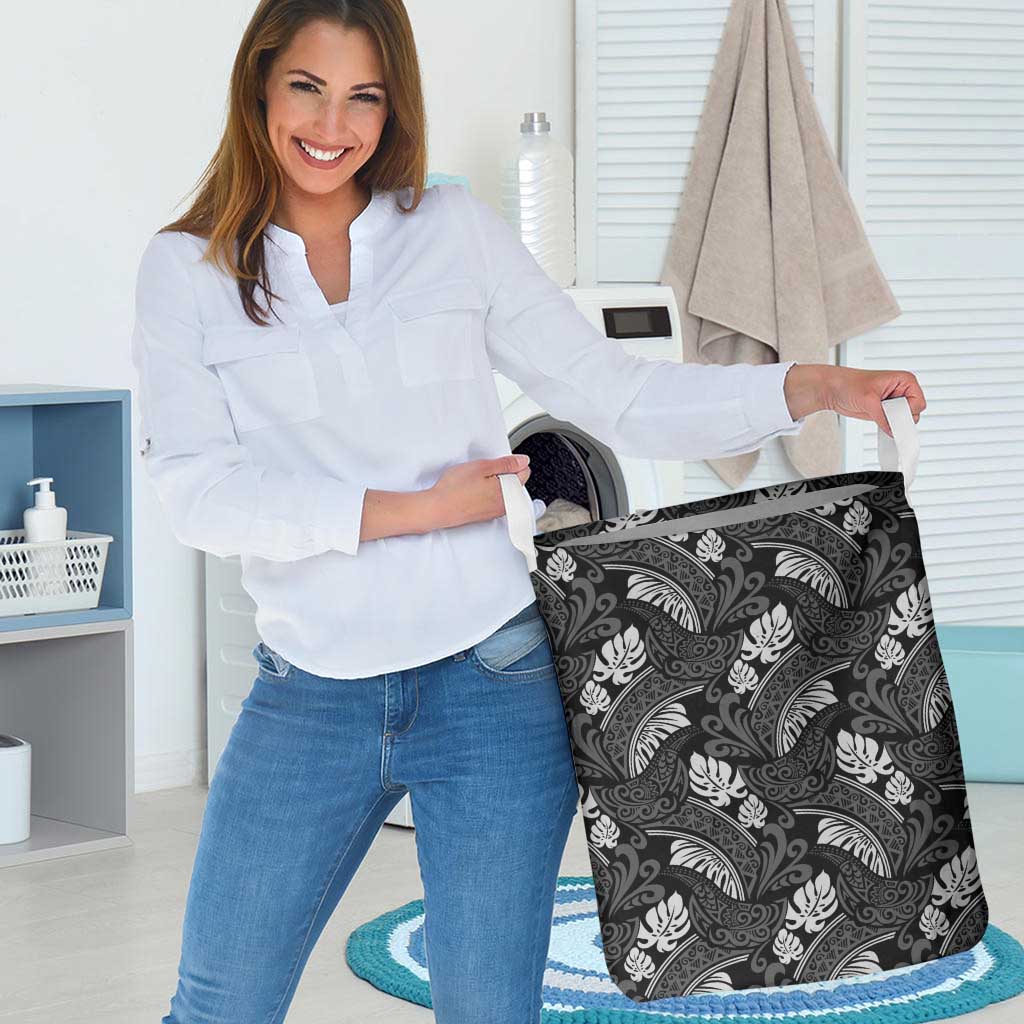 Grayscale Monstera Laundry Basket Polynesian Tribal Pattern - Polynesian Pride