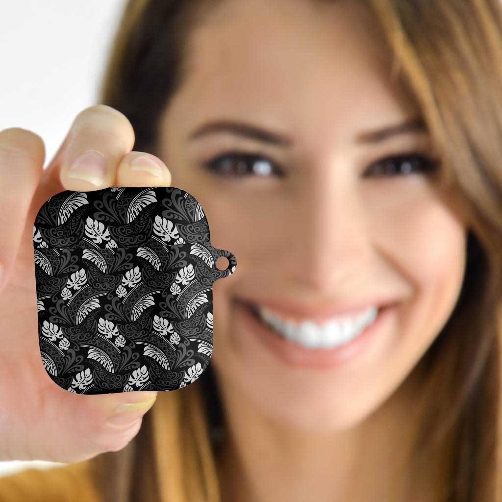Grayscale Monstera AirPods Case Polynesian Tribal Pattern - Polynesian Pride