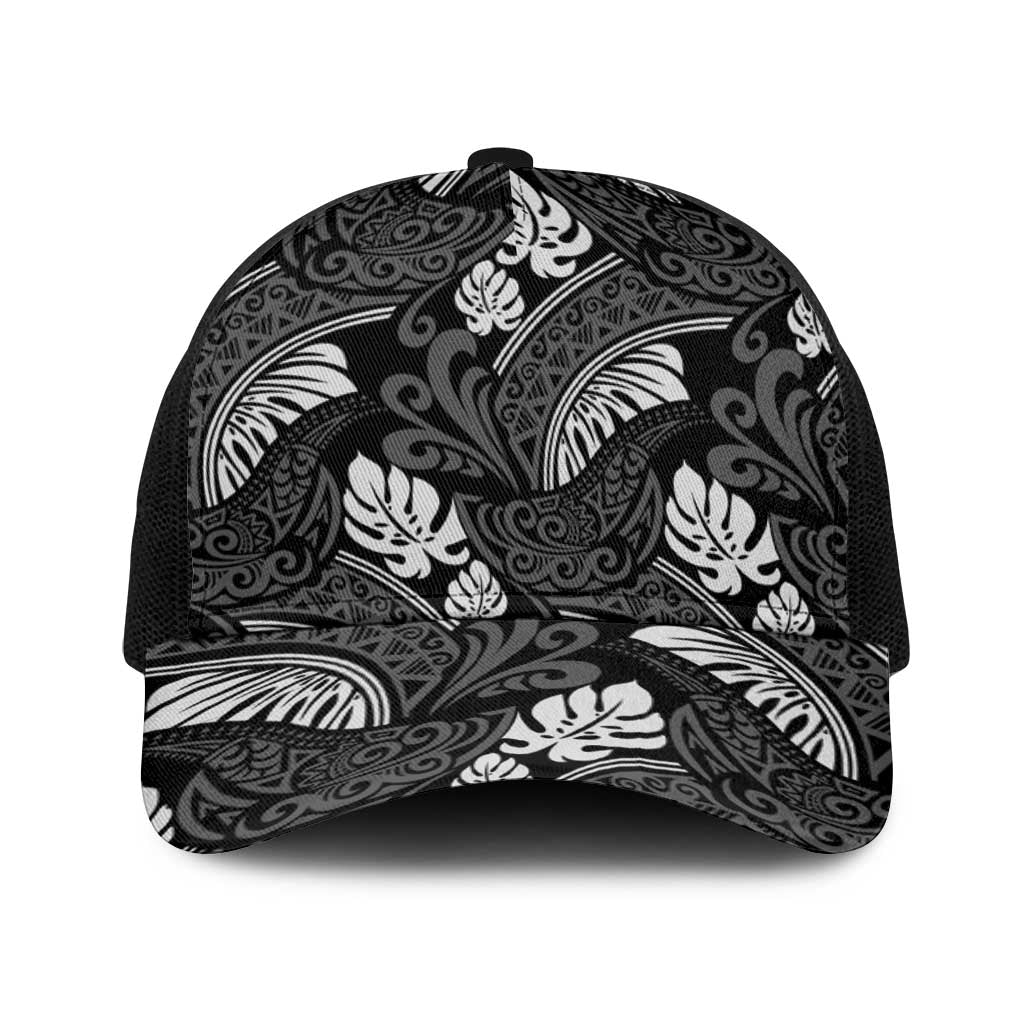 Grayscale Monstera Baseball Net Cap Polynesian Tribal Pattern - Polynesian Pride