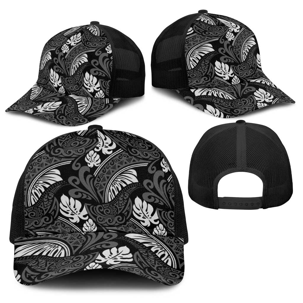 Grayscale Monstera Baseball Net Cap Polynesian Tribal Pattern - Polynesian Pride