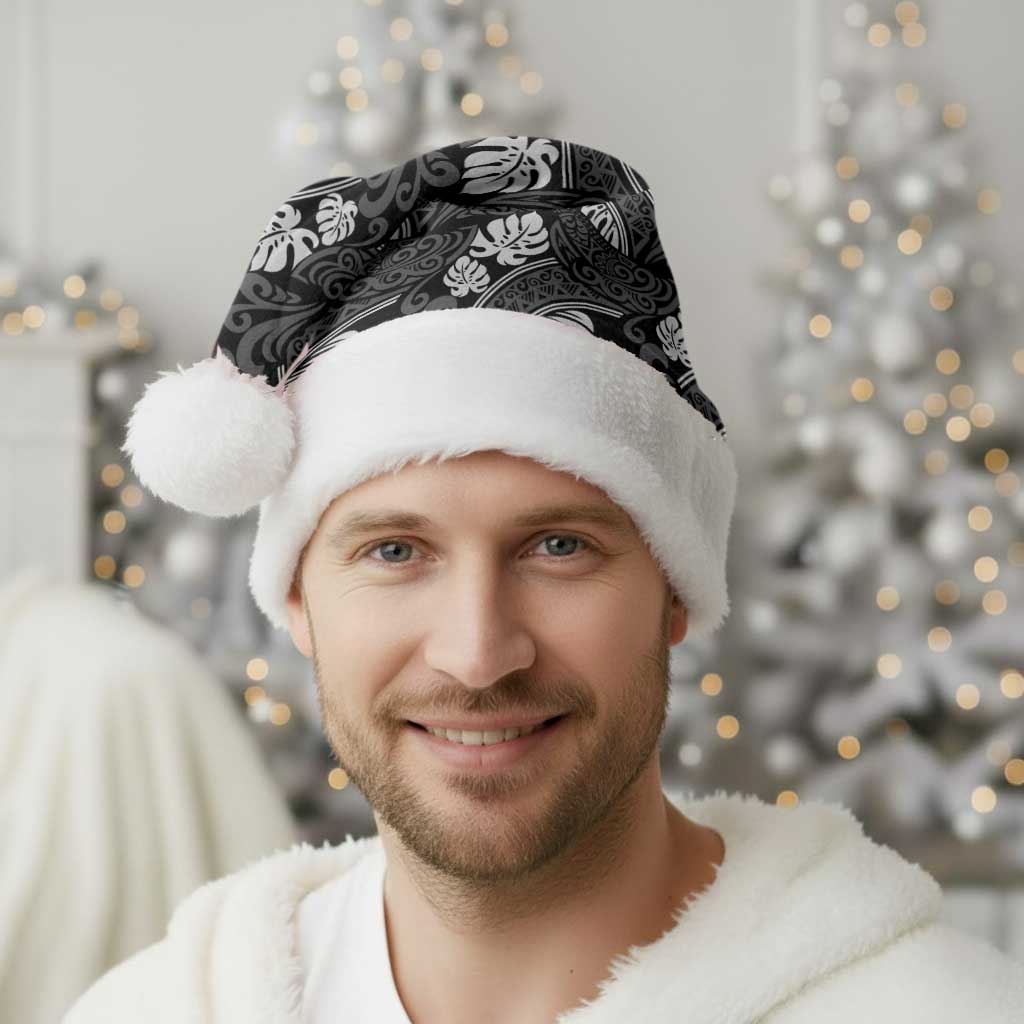 Grayscale Monstera Christmas Santa Hat Polynesian Tribal Pattern - Polynesian Pride
