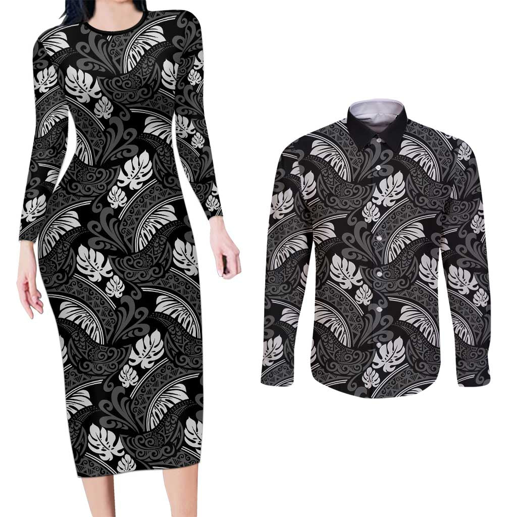 Grayscale Monstera Couples Matching Long Sleeve Bodycon Dress and Long Sleeve Button Shirt Polynesian Tribal Pattern LT01 Black - Polynesian Pride