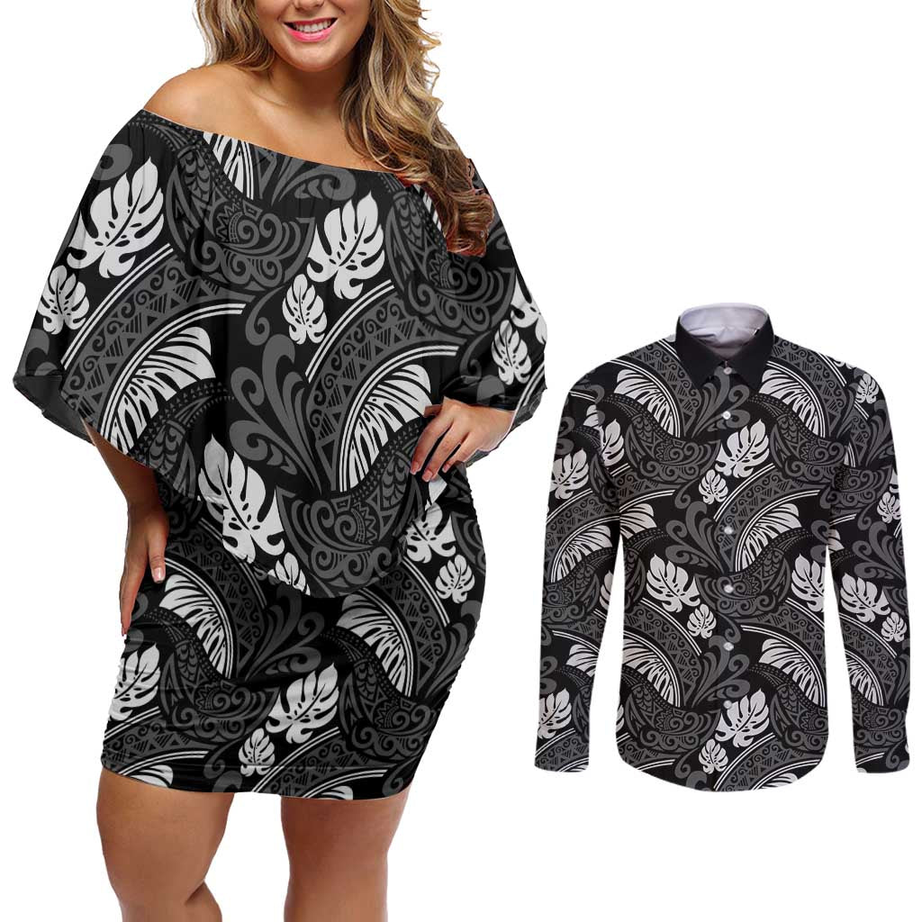 Grayscale Monstera Couples Matching Off Shoulder Short Dress and Long Sleeve Button Shirt Polynesian Tribal Pattern LT01 Black - Polynesian Pride