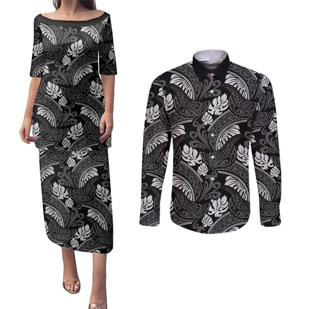 Grayscale Monstera Couples Matching Puletasi and Long Sleeve Button Shirt Polynesian Tribal Pattern - Polynesian Pride