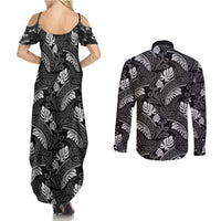 Grayscale Monstera Couples Matching Summer Maxi Dress and Long Sleeve Button Shirt Polynesian Tribal Pattern - Polynesian Pride