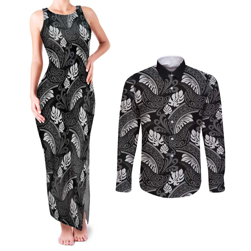 Grayscale Monstera Couples Matching Tank Maxi Dress and Long Sleeve Button Shirt Polynesian Tribal Pattern LT01 Black - Polynesian Pride