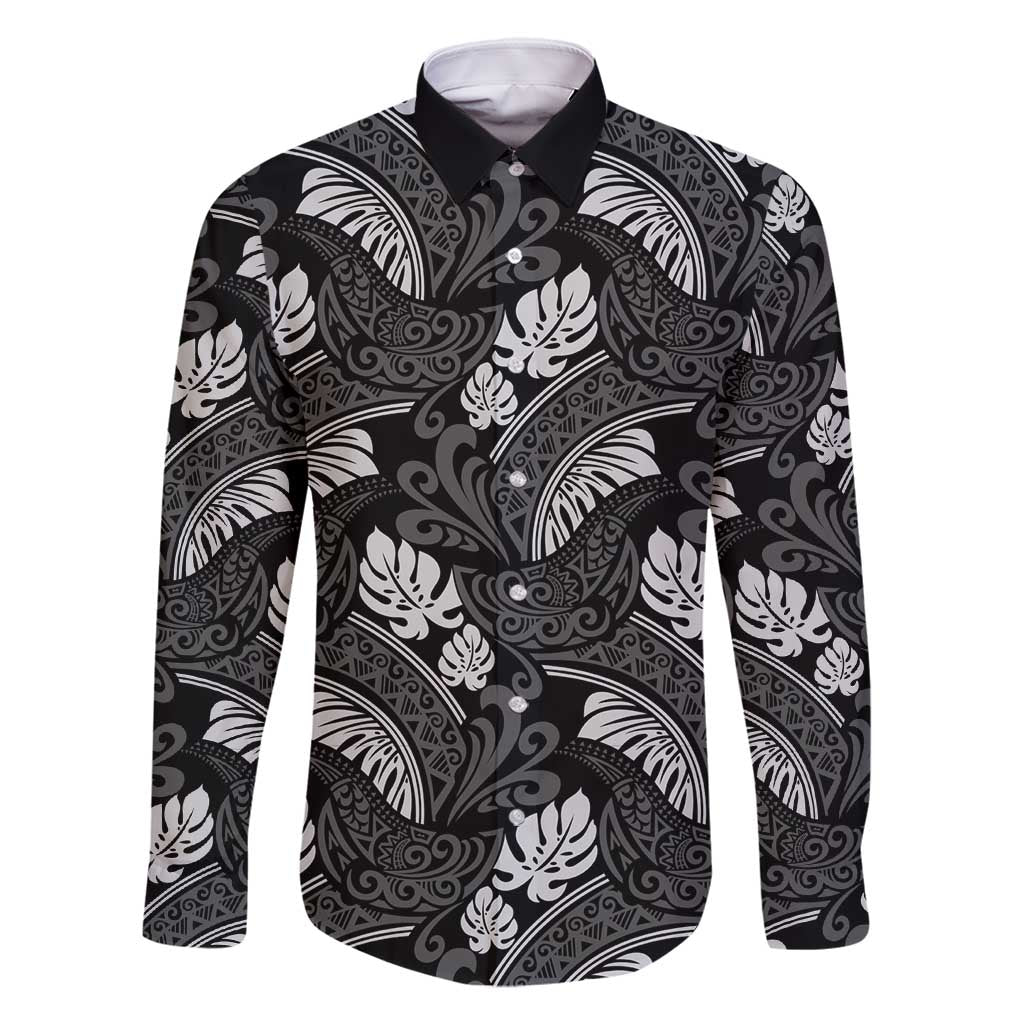 Grayscale Monstera Family Matching Long Sleeve Bodycon Dress and Hawaiian Shirt Polynesian Tribal Pattern - Polynesian Pride
