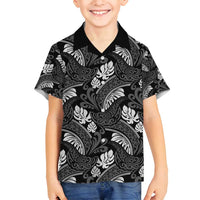 Grayscale Monstera Family Matching Long Sleeve Bodycon Dress and Hawaiian Shirt Polynesian Tribal Pattern - Polynesian Pride