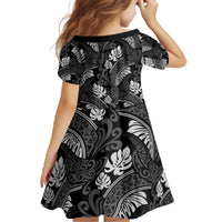 Grayscale Monstera Family Matching Off The Shoulder Long Sleeve Dress and Hawaiian Shirt Polynesian Tribal Pattern - Polynesian Pride