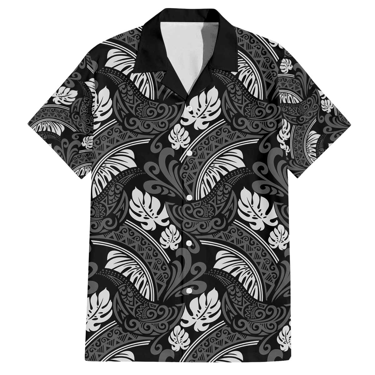 Grayscale Monstera Family Matching Off The Shoulder Long Sleeve Dress and Hawaiian Shirt Polynesian Tribal Pattern - Polynesian Pride