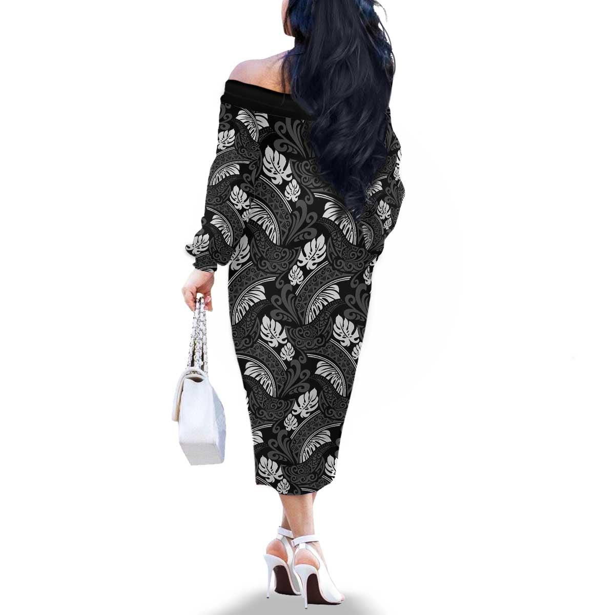 Grayscale Monstera Family Matching Off The Shoulder Long Sleeve Dress and Hawaiian Shirt Polynesian Tribal Pattern - Polynesian Pride