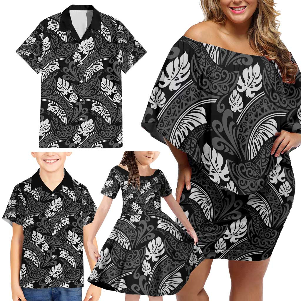Grayscale Monstera Family Matching Off Shoulder Short Dress and Hawaiian Shirt Polynesian Tribal Pattern LT01 - Polynesian Pride