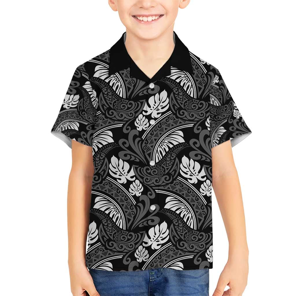 Grayscale Monstera Family Matching Off Shoulder Short Dress and Hawaiian Shirt Polynesian Tribal Pattern - Polynesian Pride
