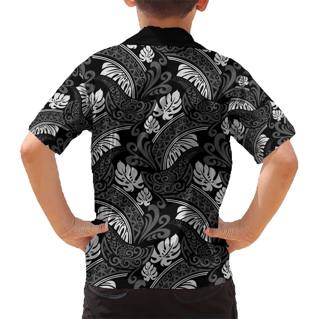 Grayscale Monstera Family Matching Short Sleeve Bodycon Dress and Hawaiian Shirt Polynesian Tribal Pattern - Polynesian Pride