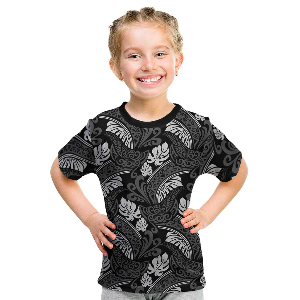 Grayscale Monstera Kid T Shirt Polynesian Tribal Pattern - Polynesian Pride