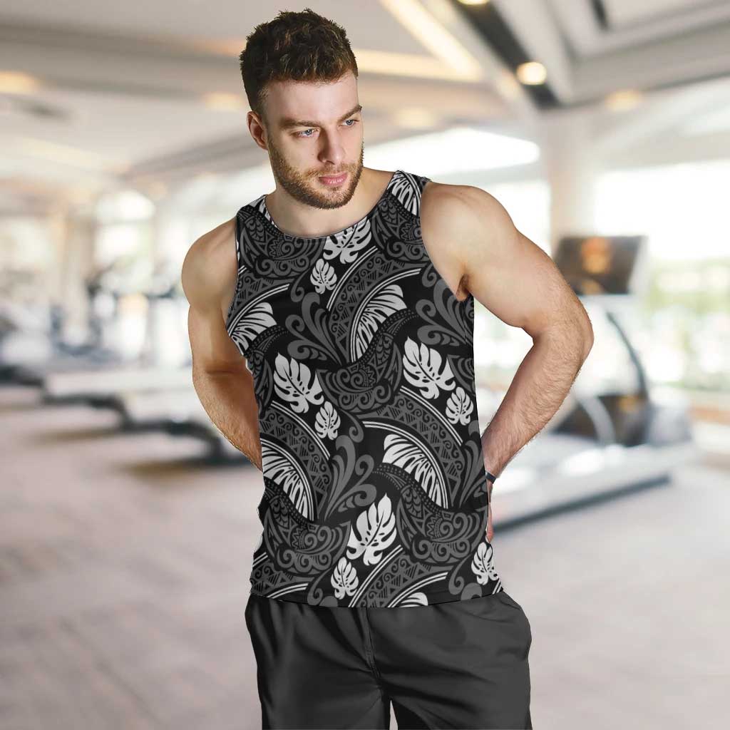 Grayscale Monstera Men Tank Top Polynesian Tribal Pattern LT01 Black - Polynesian Pride