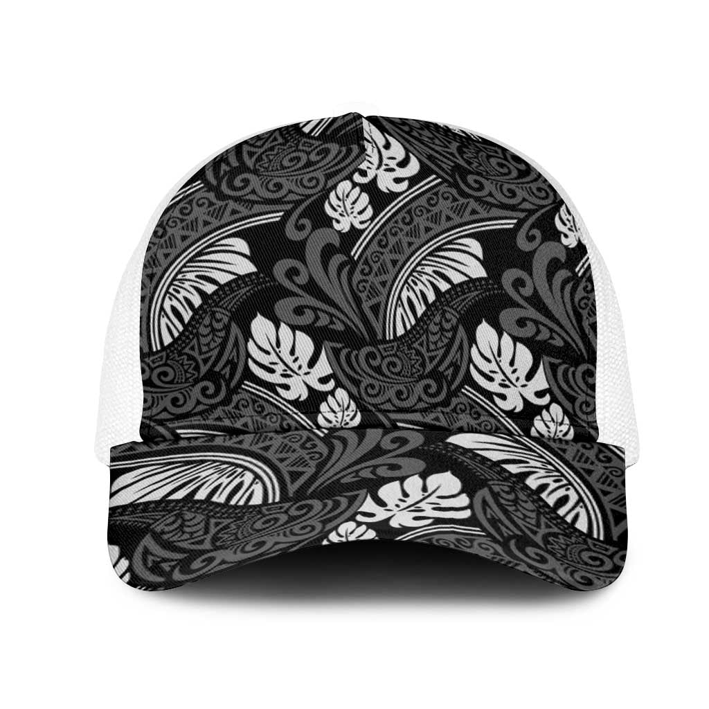 Grayscale Monstera Mesh Trucker Cap Polynesian Tribal Pattern - Polynesian Pride