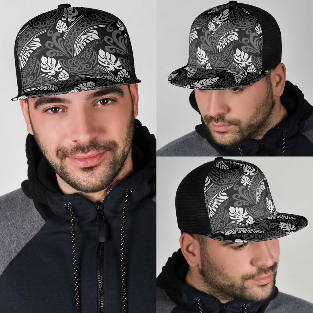 Grayscale Monstera Mesh Trucker Cap Polynesian Tribal Pattern - Polynesian Pride