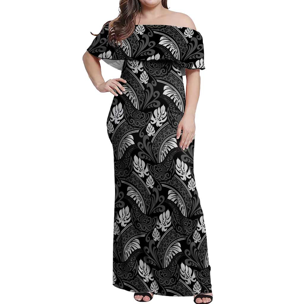 Grayscale Monstera Off Shoulder Maxi Dress Polynesian Tribal Pattern - Polynesian Pride