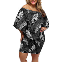 Grayscale Monstera Off Shoulder Short Dress Polynesian Tribal Pattern - Polynesian Pride