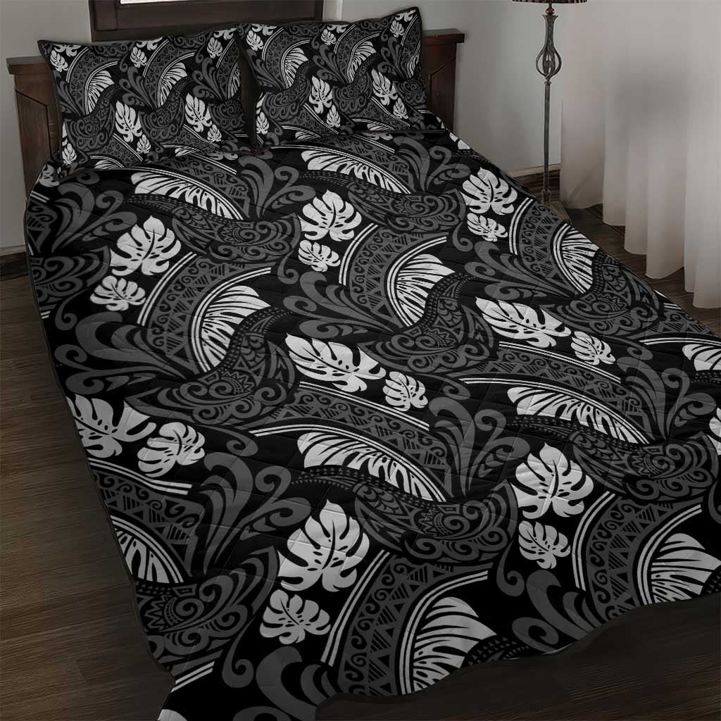 Grayscale Monstera Quilt Bed Set Polynesian Tribal Pattern LT01 Black - Polynesian Pride
