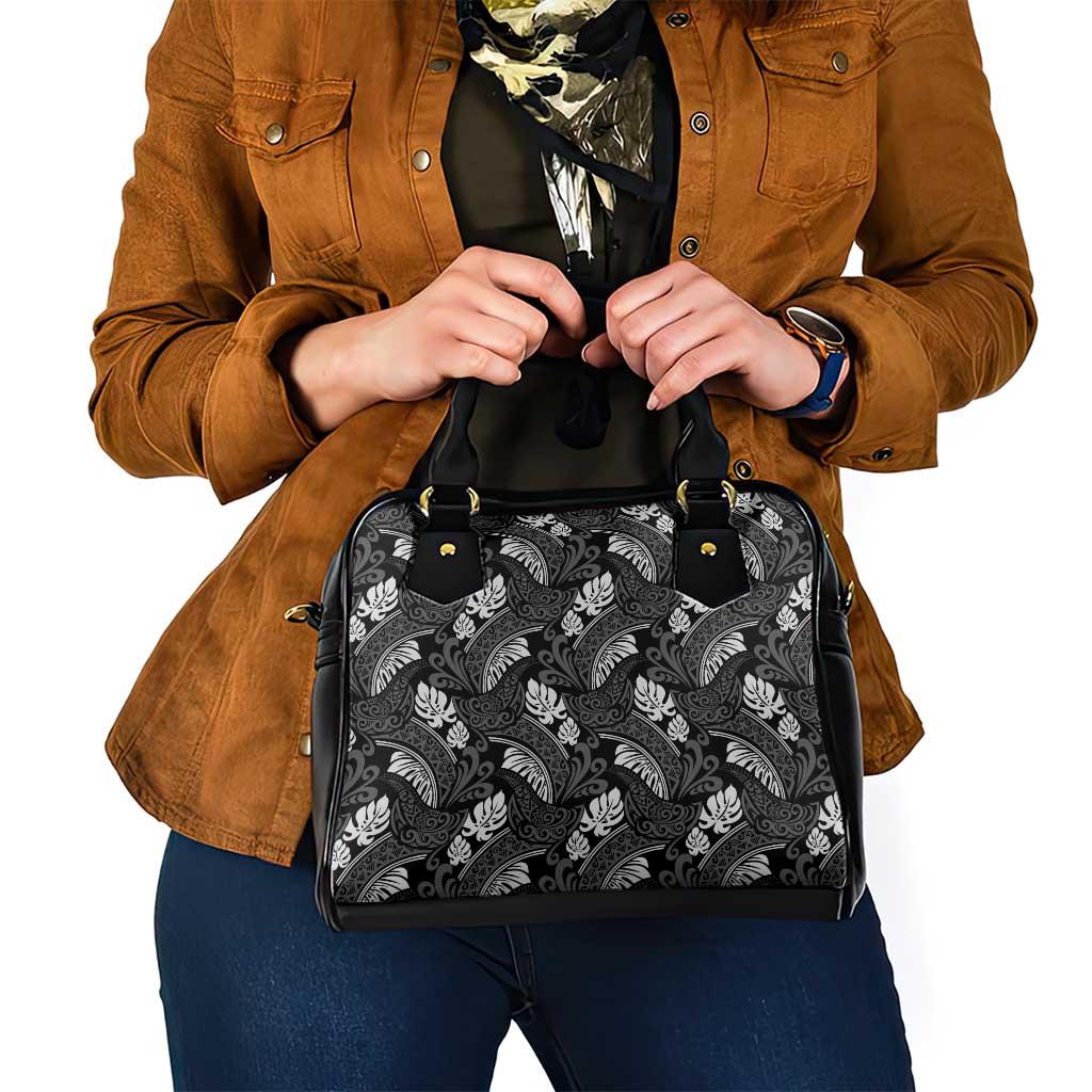 Grayscale Monstera Shoulder Handbag Polynesian Tribal Pattern - Polynesian Pride