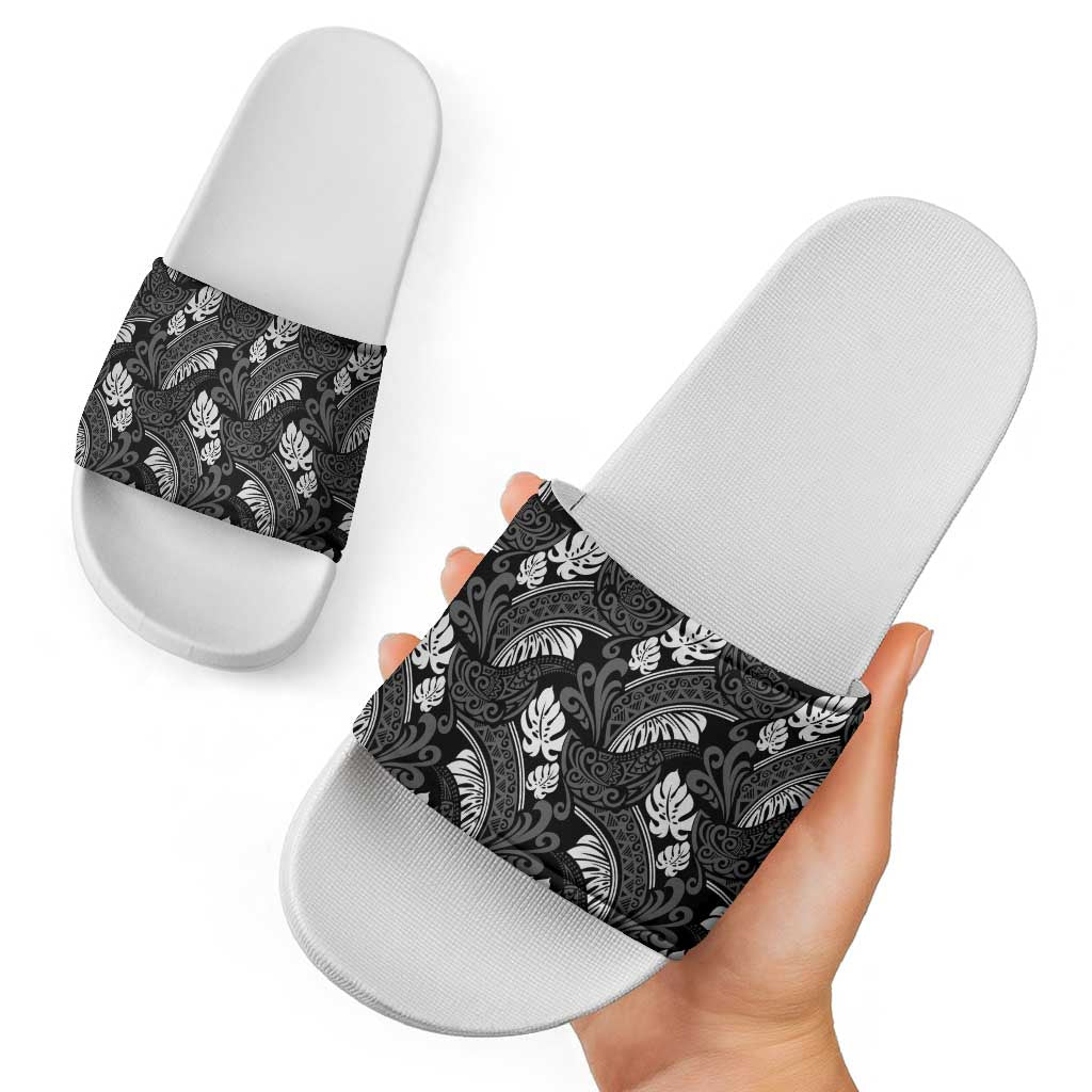 Grayscale Monstera Slide Sandals Polynesian Tribal Pattern - Polynesian Pride