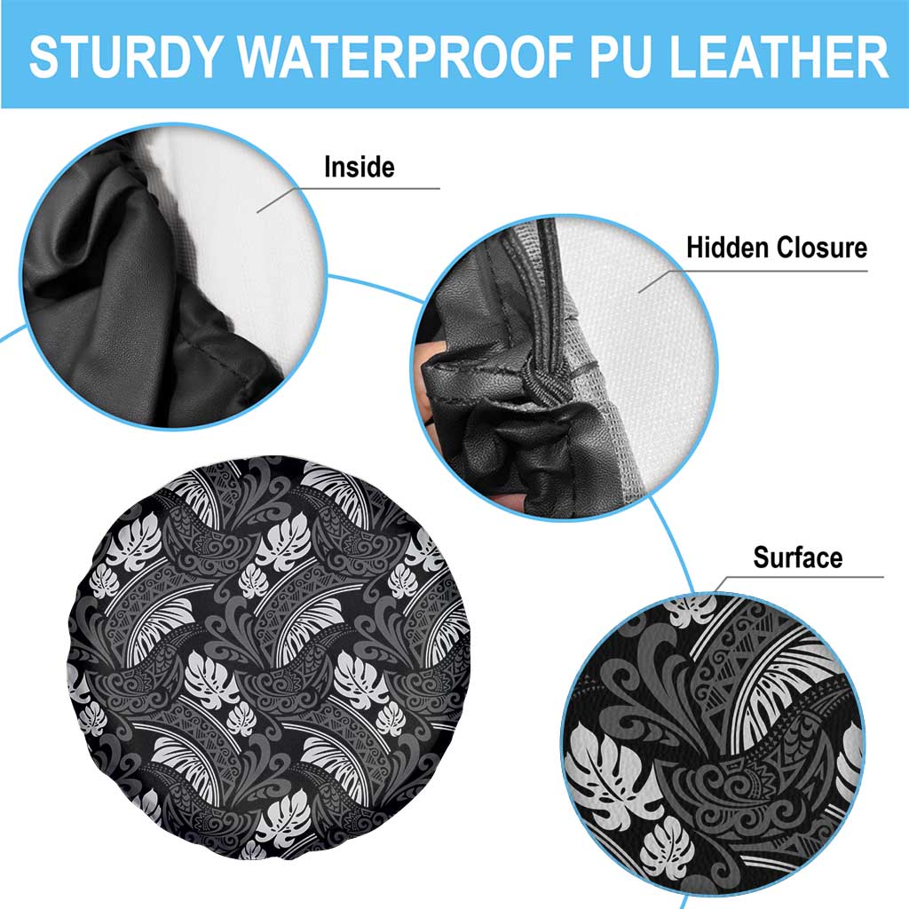 Grayscale Monstera Spare Tire Cover Polynesian Tribal Pattern - Polynesian Pride