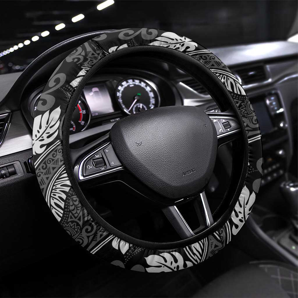 Grayscale Monstera Steering Wheel Cover Polynesian Tribal Pattern LT01 Universal Fit Black - Polynesian Pride