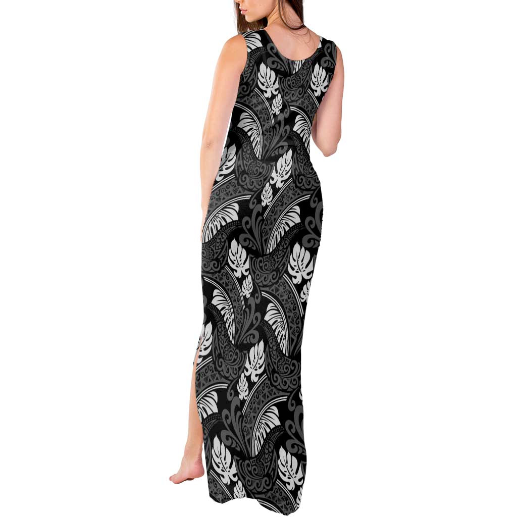 Grayscale Monstera Tank Maxi Dress Polynesian Tribal Pattern - Polynesian Pride