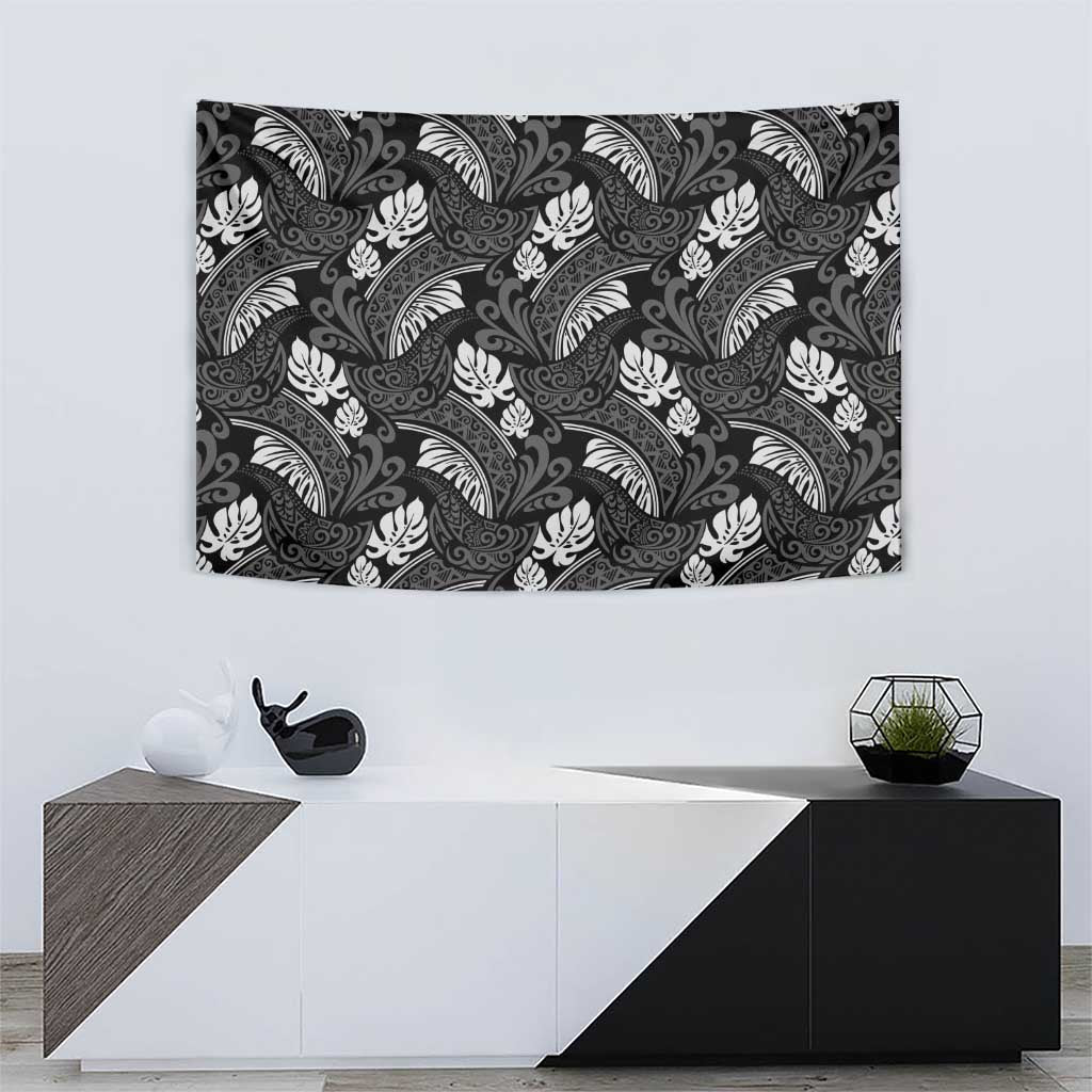 Grayscale Monstera Tapestry Polynesian Tribal Pattern - Polynesian Pride