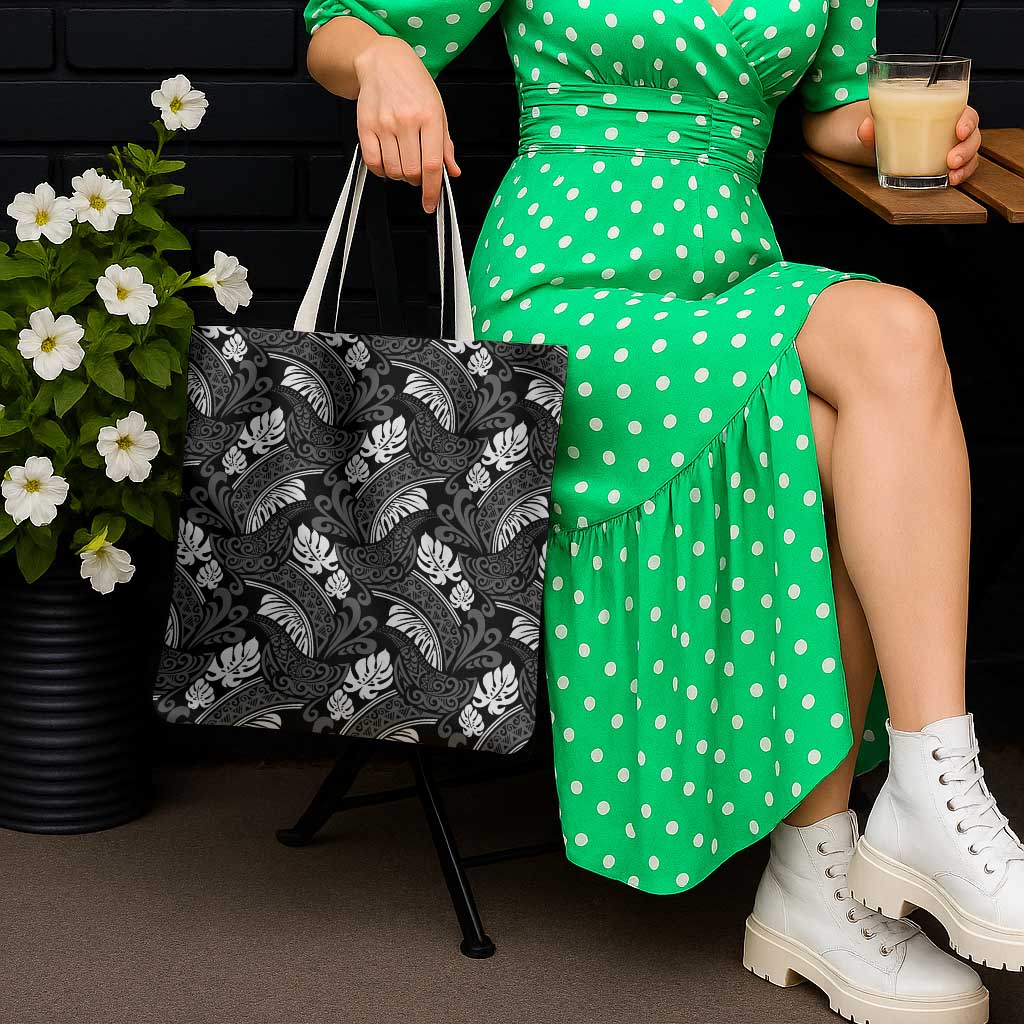 Grayscale Monstera Tote Bag Polynesian Tribal Pattern - Polynesian Pride