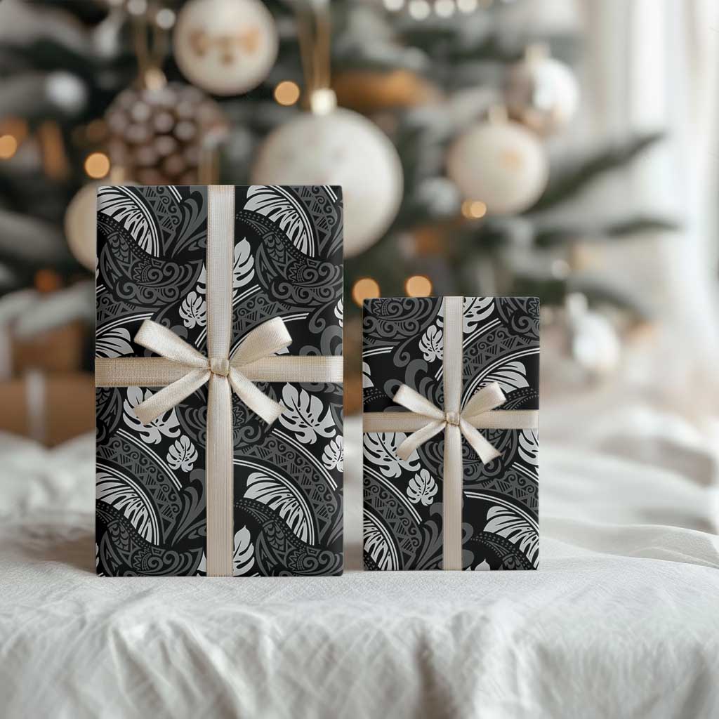 Grayscale Monstera Wrapping Paper Polynesian Tribal Pattern - Polynesian Pride