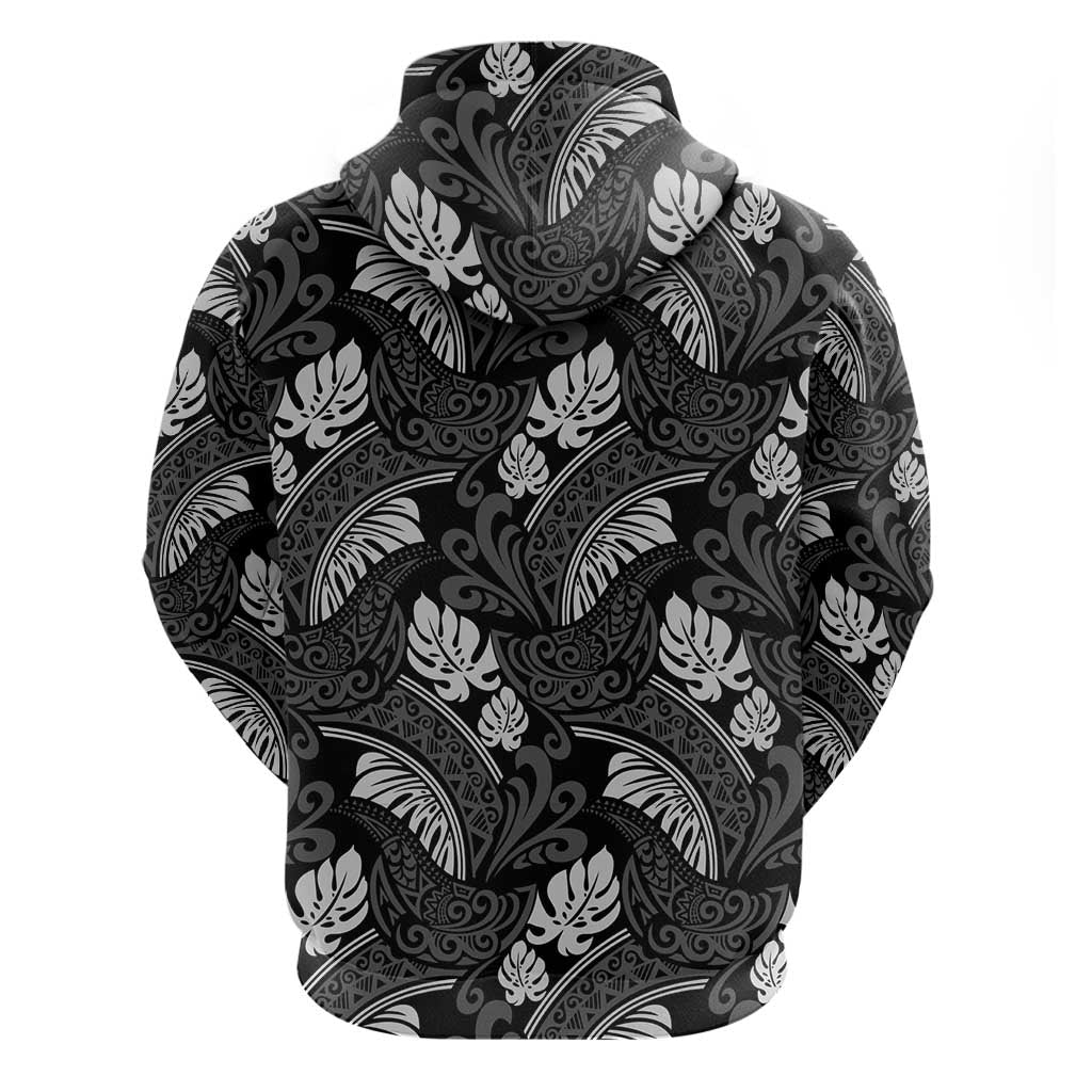 Grayscale Monstera Zip Hoodie Polynesian Tribal Pattern - Polynesian Pride