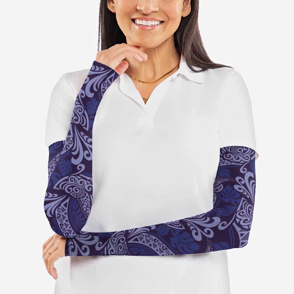 Deep Blue Monstera Arm Sleeves Polynesian Tribal Pattern - Polynesian Pride
