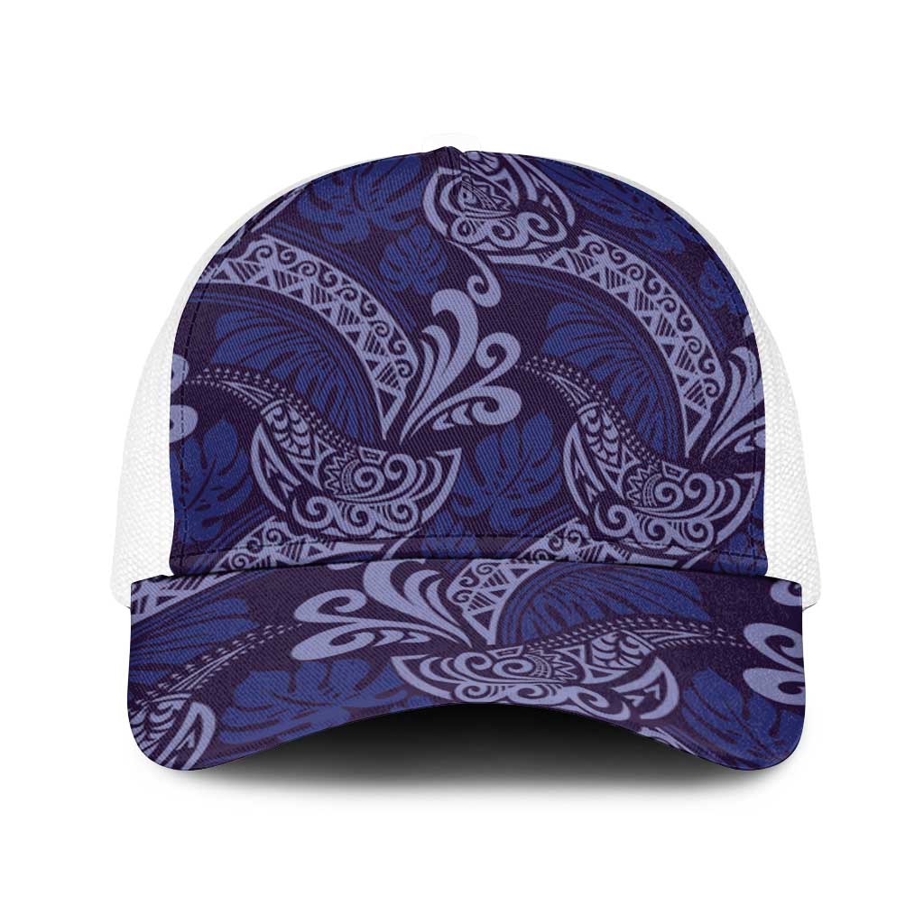 Deep Blue Monstera Baseball Net Cap Polynesian Tribal Pattern - Polynesian Pride