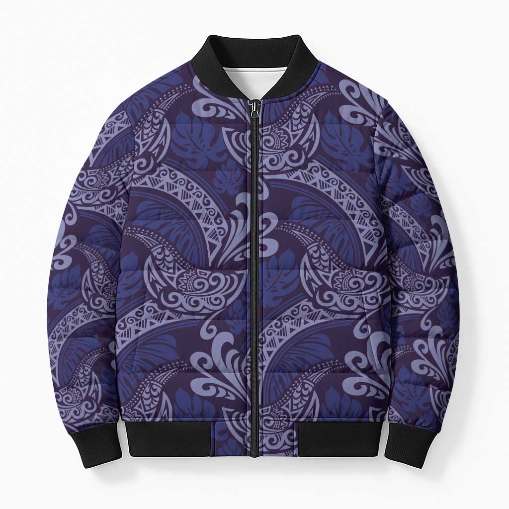 Deep Blue Monstera Bomber Puffer Jacket Polynesian Tribal Pattern LT01 Unisex Blue - Polynesian Pride