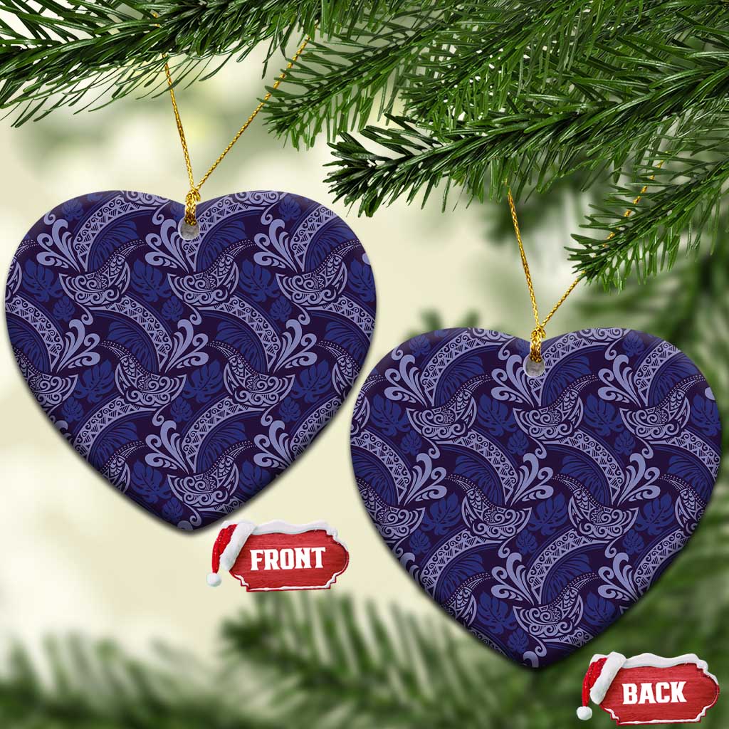 Deep Blue Monstera Ceramic Ornament Polynesian Tribal Pattern - Polynesian Pride