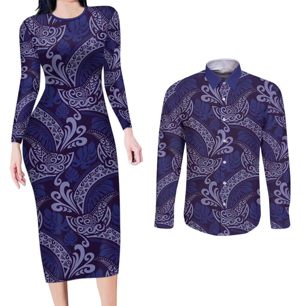 Deep Blue Monstera Couples Matching Long Sleeve Bodycon Dress and Long Sleeve Button Shirt Polynesian Tribal Pattern LT01 Blue - Polynesian Pride