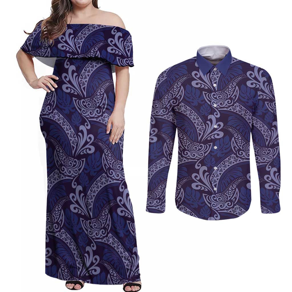 Deep Blue Monstera Couples Matching Off Shoulder Maxi Dress and Long Sleeve Button Shirt Polynesian Tribal Pattern LT01 Blue - Polynesian Pride