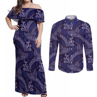 Deep Blue Monstera Couples Matching Off Shoulder Maxi Dress and Long Sleeve Button Shirt Polynesian Tribal Pattern LT01 Blue - Polynesian Pride