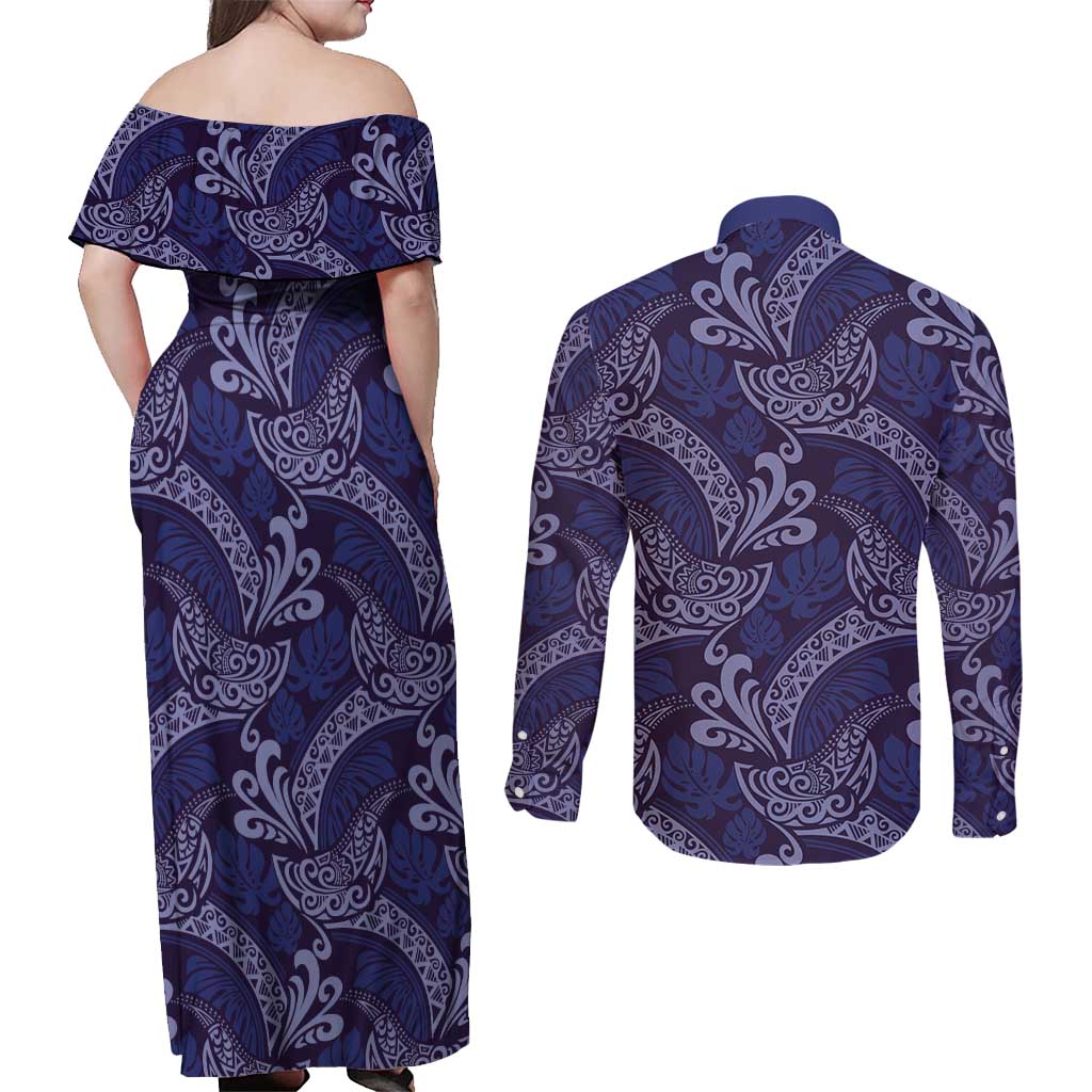 Deep Blue Monstera Couples Matching Off Shoulder Maxi Dress and Long Sleeve Button Shirt Polynesian Tribal Pattern LT01 - Polynesian Pride