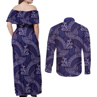 Deep Blue Monstera Couples Matching Off Shoulder Maxi Dress and Long Sleeve Button Shirt Polynesian Tribal Pattern LT01 - Polynesian Pride