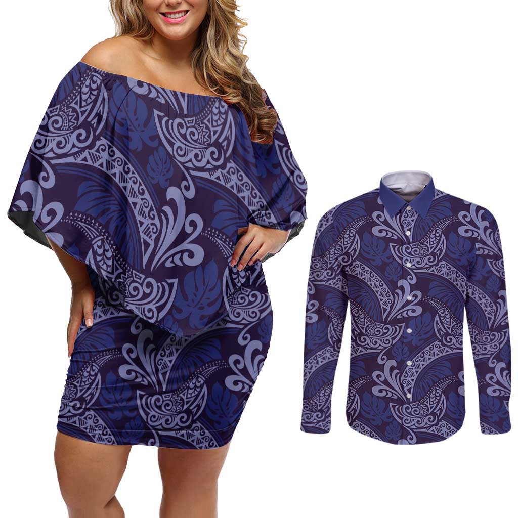 Deep Blue Monstera Couples Matching Off Shoulder Short Dress and Long Sleeve Button Shirt Polynesian Tribal Pattern LT01 Blue - Polynesian Pride