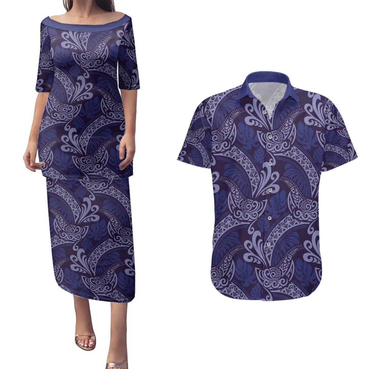 Deep Blue Monstera Couples Matching Puletasi and Hawaiian Shirt Polynesian Tribal Pattern - Polynesian Pride
