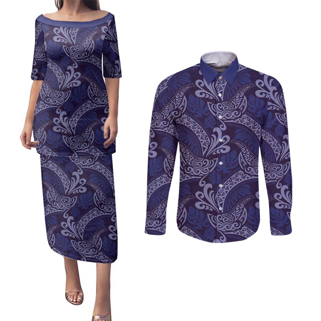 Deep Blue Monstera Couples Matching Puletasi and Long Sleeve Button Shirt Polynesian Tribal Pattern LT01 Blue - Polynesian Pride