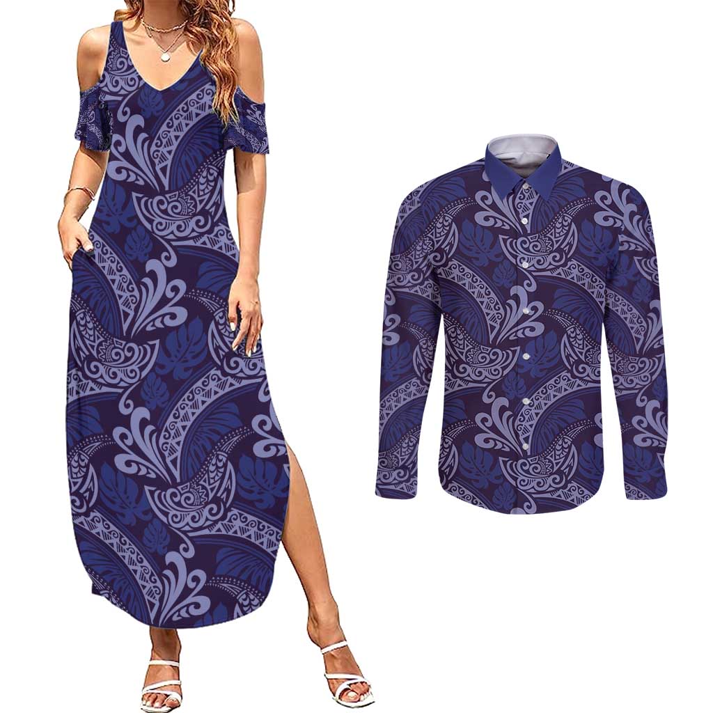 Deep Blue Monstera Couples Matching Summer Maxi Dress and Long Sleeve Button Shirt Polynesian Tribal Pattern LT01 Blue - Polynesian Pride